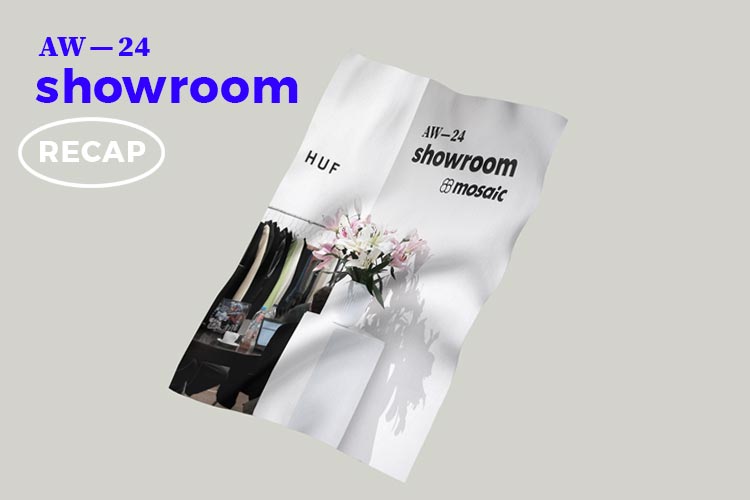 Digital flyer showing a poster with a photography of Mosaic's AW—24 showroom in Berlin. Blue typography reads »AW—24 showroom« and the word »RECAP«.
