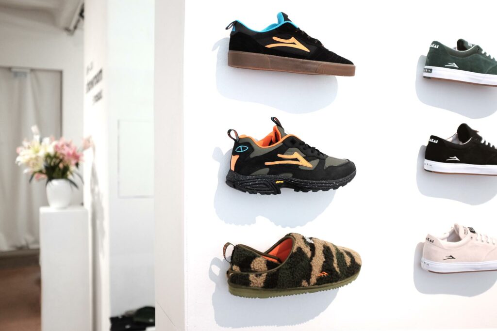 Lakai brand corner at this year's Mosaic AW—24 Showroom in Berlin with a detailed shot of the newest collaboration shoes from Lakai x Poler Stuff