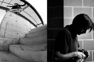 Black and white photo collage with a long-haired skateboarder performing a Nosegrind on a concrete ledge, while there's an intimate portrait of cinematographer Shqipron Bobaj on the right, attaching a lens to his video camera.
