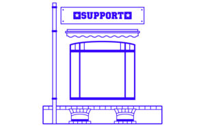 Illustrated retail shop front in royal blue, whose sign says the name "Support"