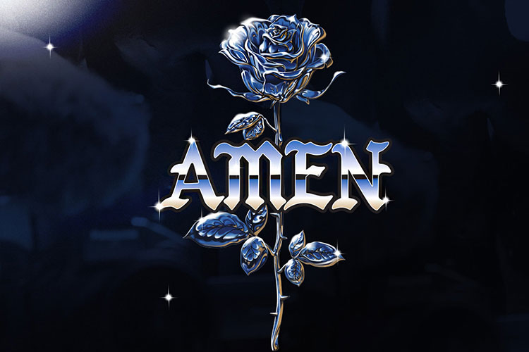 Movie poster for DGK Skateboards newest video, featuring a 3 dimensional illustration of a silver-blue, metallic rose and the word "AMEN" in capital, fracture letters.