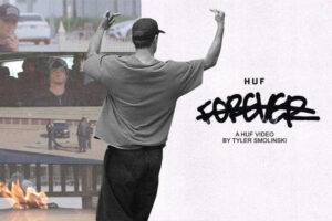 Mixed media flyer showing a man with raised middle fingers to promote HUF's newest “Forever” video. The title Forever is written in hand-written graffiti letters.