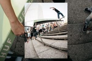 Photo collage showing a skateboarder tailsliding a massive green-colored handrail with some HUF logo branding, which becomes also visible in the second background picture, which is a detailed shot of a hand waxing the green rail.