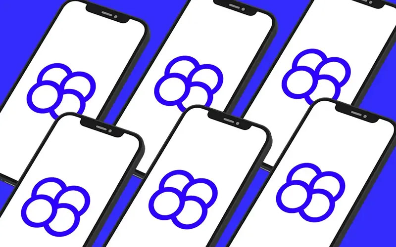 Mockup showing six iPhones with a blue Mosaic logo as screensaver