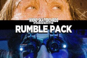 Movie poster for WKND Skateboards latest video called Rumble Pack, showing two close up stills from movie scenes that focus on the actor’s eyes. The middle of the picture says in bold block letters »WKND Skateboards presents Rumble Pack«.