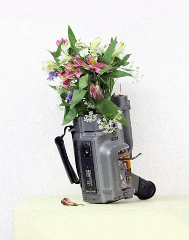 Picture showing a broken VX camera with a bouquet of flowers stuck into the lens