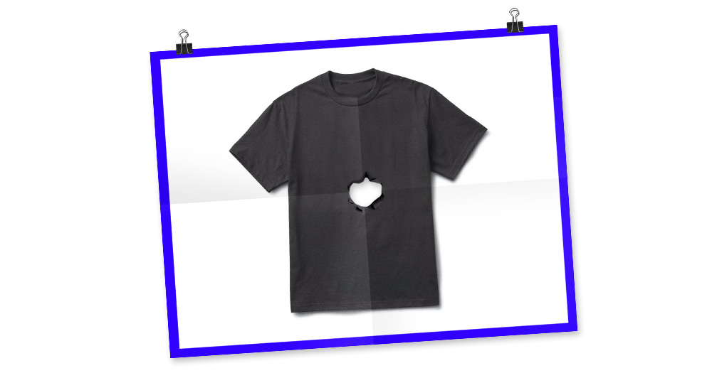 Mockup of a paper poster showing a blank t-shirt. The middle of the poster has a hole ripped into the paper, visualizing a defect in the material of the product as well.