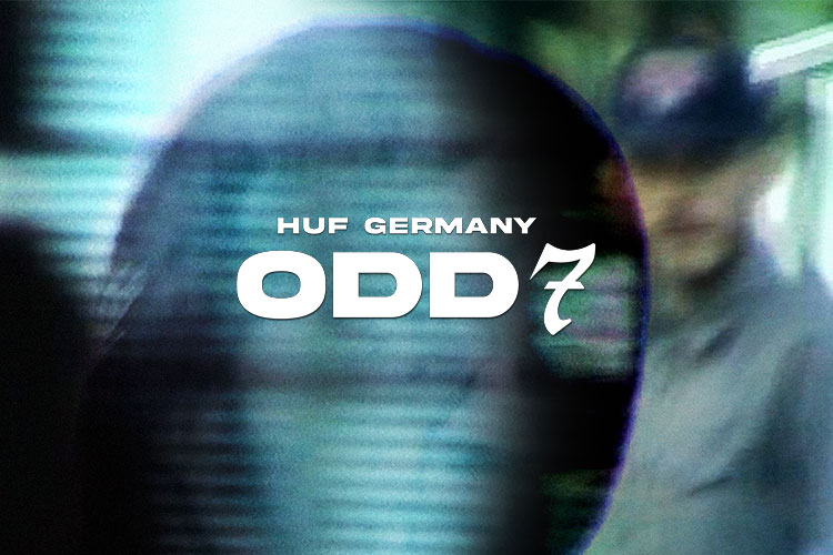Abstract collage in blue and green colors showing a blurry silhouette of a male person facing the camera. In centered, bold letters it says HUF GERMANY ODD 7.