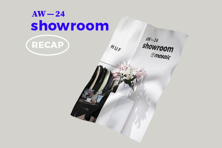 Digital flyer showing a poster with a photography of Mosaic's AW—24 showroom in Berlin. Blue typography reads »AW—24 showroom« and the word »RECAP«.