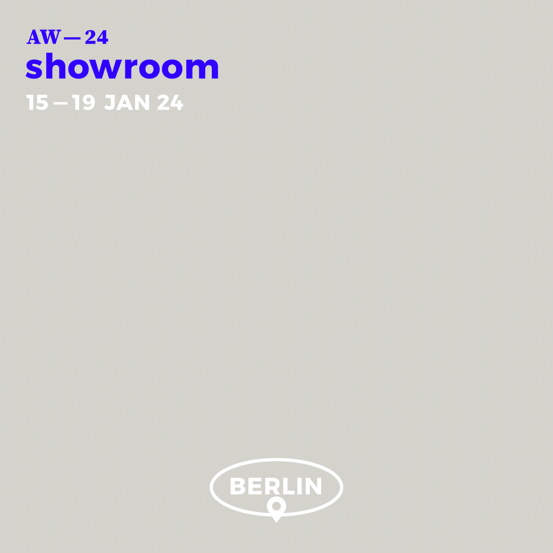Animated flyer showing different posters with portraits of various young models in a loop. Blue typography reads »AW—24 showroom« and the dates 15—19th of January 2024.