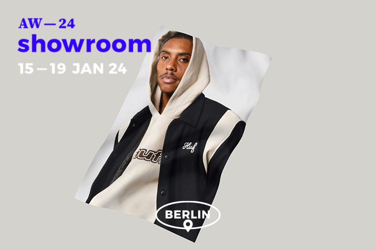 Digital flyer showing a poster with a photo of a young man wearing an natural colored hooded sweatshirt and a black jacket from HUF. Blue typography reads »AW—24 showroom« and the dates 15—19th of January 2024.
