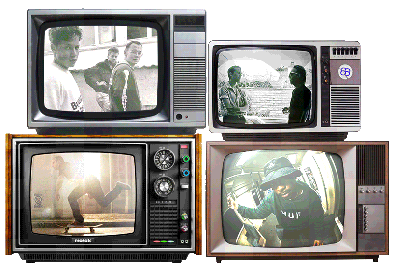 Looped animation showing four stacked tube televisions with various brand and lifestyle images.