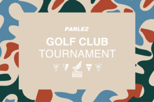 Illustrative artwork showing a coral camo print and a sandy-brownish rectangle with some bold white typography that reads »PARLEZ GOLF CLUB TOURNAMENT« in capital letters, as well as the logo from an Erfurt streetwear shop called Orange Jungle.
