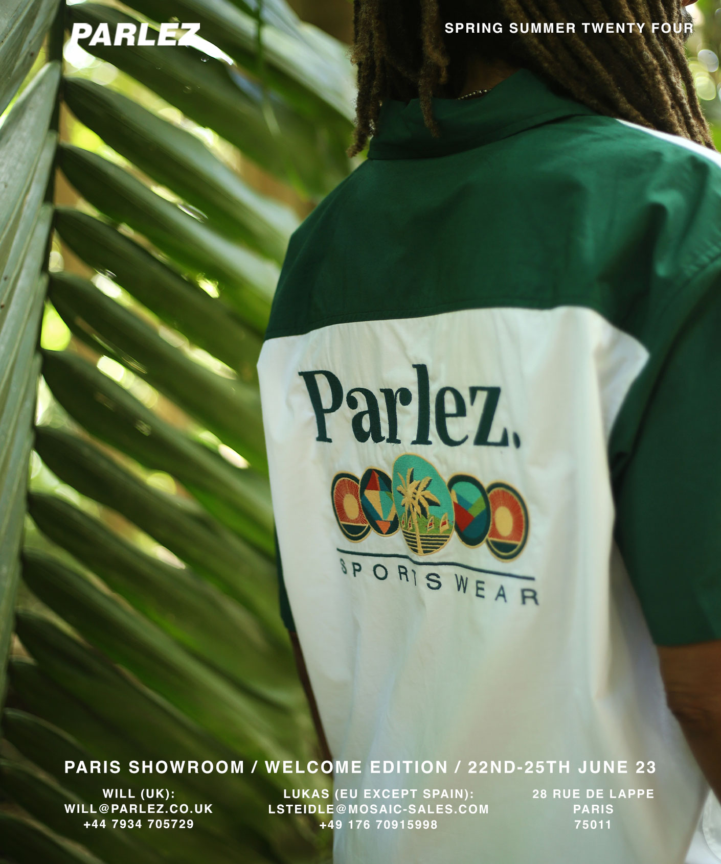 Digital flyer for this year’s Welcome Edition trade show 2023, showing a green Parlez jacket in front of palm trees along with dates for the event.