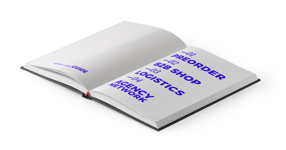 Mockup of a hardcover book with an opened double page spread showing an index with four major topics: 01 — Preorder, 02 — B2B Shop, 03 — Logistics, 04 — Agency network